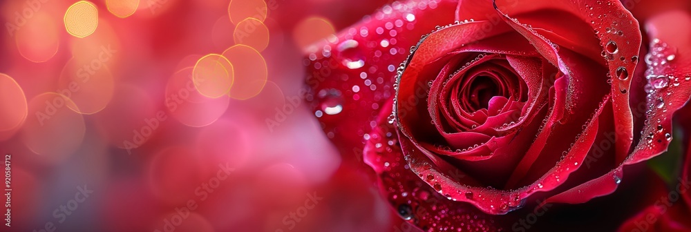 A detailed red rose bathed in dew with a soft, blurred, bokeh-lit background, capturing nature's beauty and elegance. A detailed red rose bathed in dew with a soft, blurred, bokeh-lit background, capturing nature's beauty and elegance.