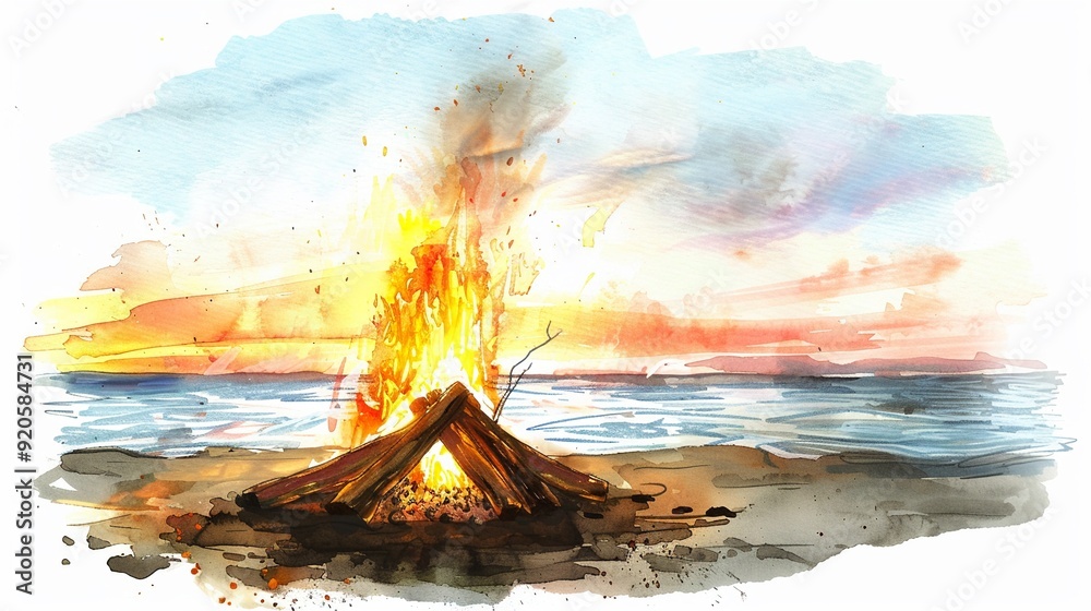 Fototapeta premium Beach bonfire clipart glowing in the twilight,Clipart, watercolor illustration, Perfect for nursery art The style is handdrawn, white background