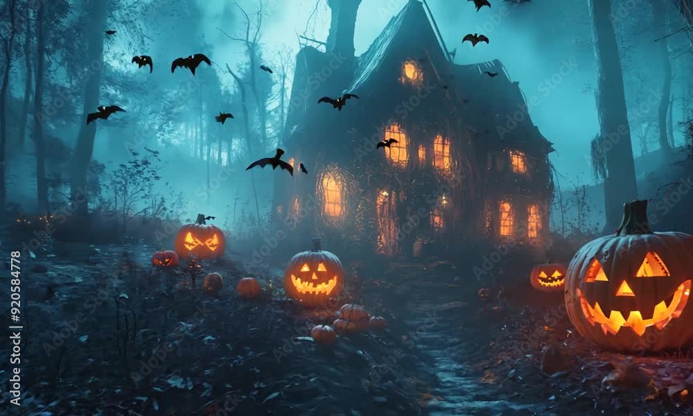 Halloween background with pumpkins and haunted house - 3D render. Halloween background with Evil Pumpkin. Spooky scary dark Night forrest