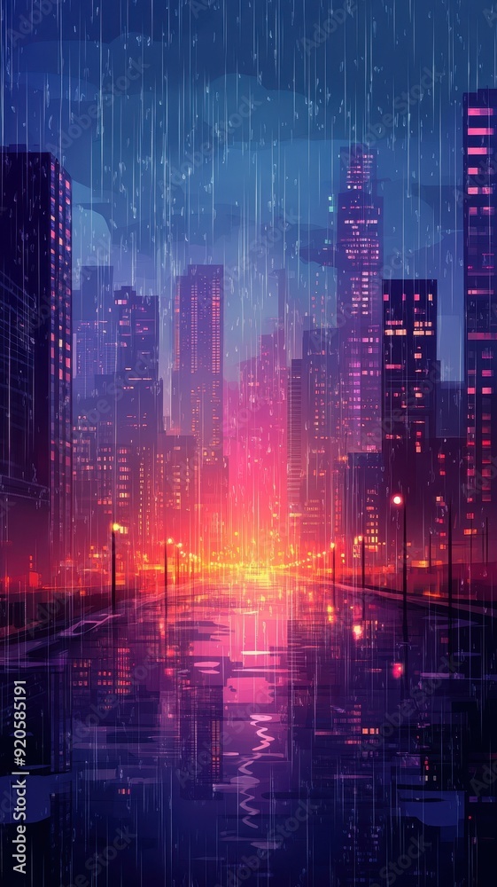 Fototapeta premium Night Rain in the city,City life in night in rainy season abstract background,Heavy rain in dark sky, rainy season,light lamp street night ,dark clouds and storm, vector illustration.