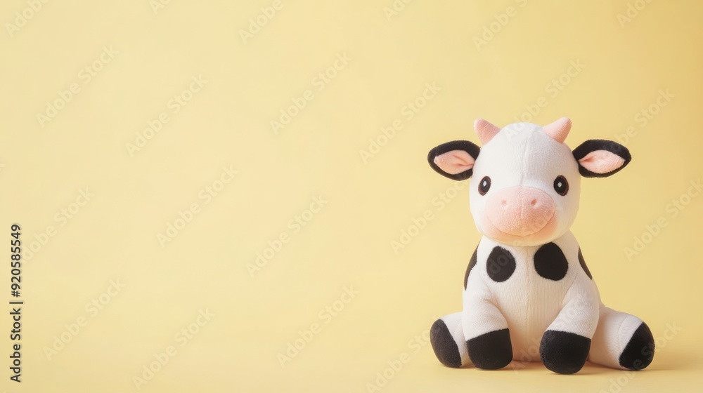 Naklejka premium A white and black spotted plush cow toy sits on a yellow background.