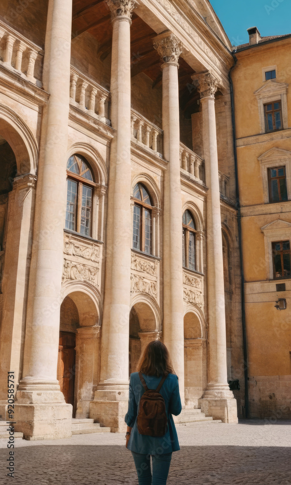 Fototapeta premium A woman with a backpack admires the grand columns and intricate details of a historic building in a lively courtyard under a clear blue sky.