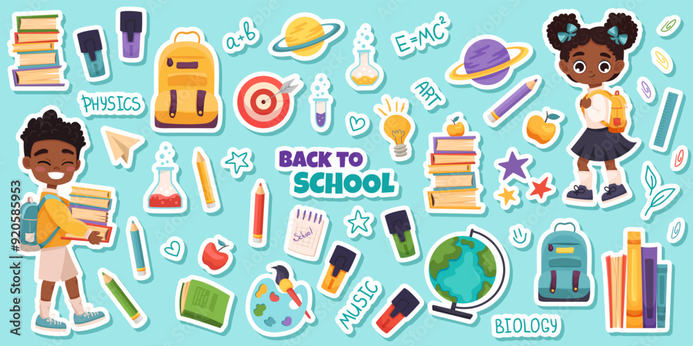 Set of school supplies stickers with back to school concept, educational stickers. Cute school children, notes, plans, to do list, books. Vector cartoon stickers for print, cards, stationery. Set of school supplies stickers with back to school concept, educational stickers. Cute school children, notes, plans, to do list, books. Vector cartoon stickers for print, cards, stationery.