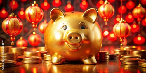 A shiny gold piggy bank with aCoin slot on top, surrounded by Chinese coins and red lanterns, symbolizing good fortune and prosperity. photo