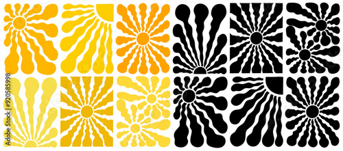 Big set of Boho yellow retro groovy sun background. Abstract wave ray pattern in trendy 70s style. Graphic fun hippie vector. Template summer wallpaper. Groovy sun psychedelic vintage background.