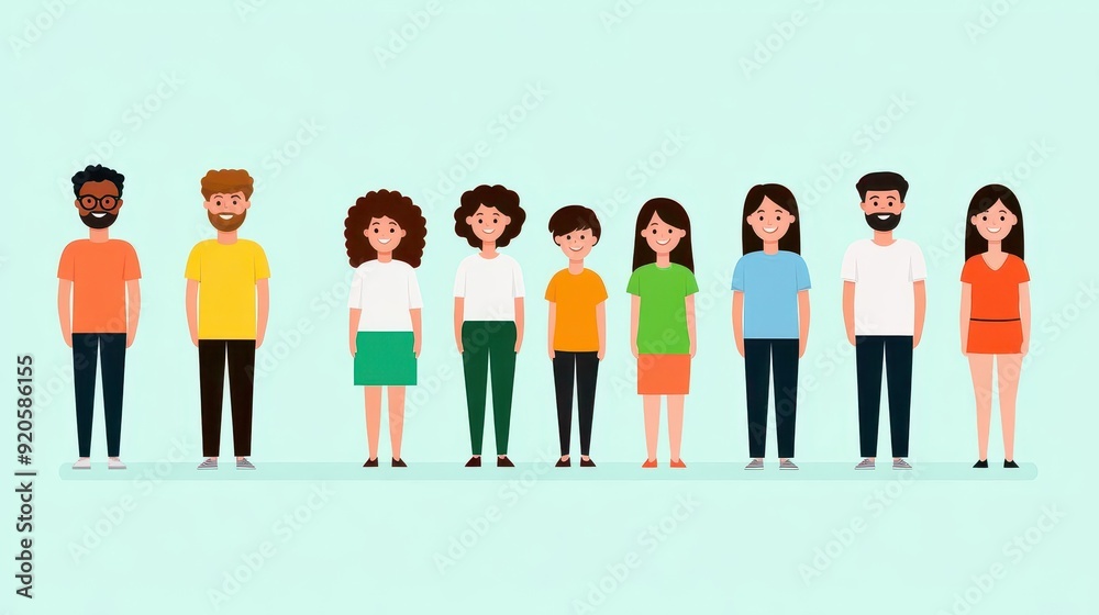 A diverse group of eight cartoon characters standing together, representing unity and community with vibrant outfits and styles. A diverse group of eight cartoon characters standing together, representing unity and community with vibrant outfits and styles.