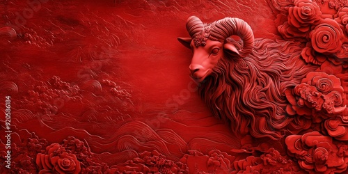 Chinese Zodiac Energetic 3D Red Art Background for the Year of the Goat, Infused with the Spirit of Prosperity and Serenity.