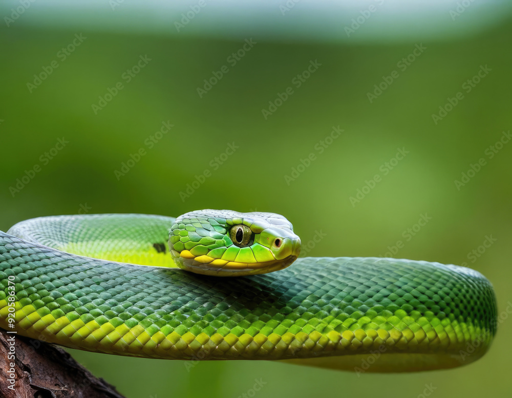 This vivid image depicts a green snake gracefully coiled on a branch in a lush forest, focusing on the detailed and vibrant scales of the snake, blending harmoniously with its natural habitat. This vivid image depicts a green snake gracefully coiled on a branch in a lush forest, focusing on the detailed and vibrant scales of the snake, blending harmoniously with its natural habitat.
