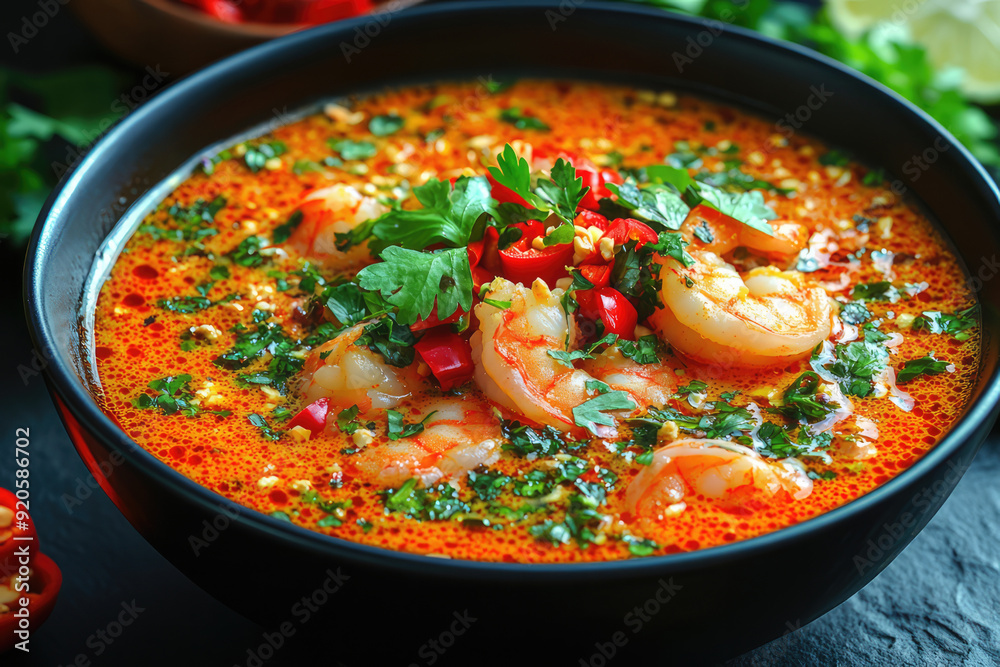 A delicious and visually appealing bowl of spicy shrimp soup with a rich, aromatic broth, garnished with vibrant herbs and chili, highlighting spicy cuisine and fresh ingredients. A delicious and visually appealing bowl of spicy shrimp soup with a rich, aromatic broth, garnished with vibrant herbs and chili, highlighting spicy cuisine and fresh ingredients.