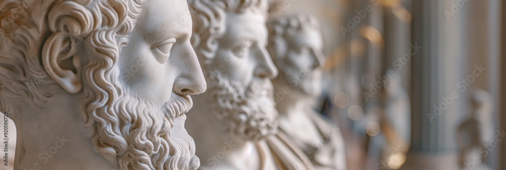 The image portrays classic marble busts, showcasing intricate craftsmanship and artistic detailing in a monumental setting.
