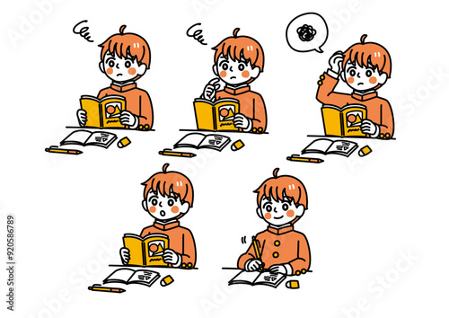 シンプルなタッチの男子学生（勉学の悩み）/単色	