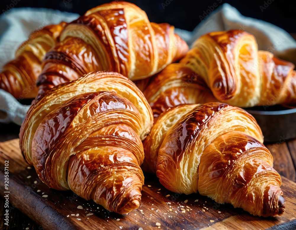 A delectable display of golden, flaky croissants arranged on a wooden board, highlighting their buttery layers and enticing shine, perfect for breakfast or brunch settings. A delectable display of golden, flaky croissants arranged on a wooden board, highlighting their buttery layers and enticing shine, perfect for breakfast or brunch settings.