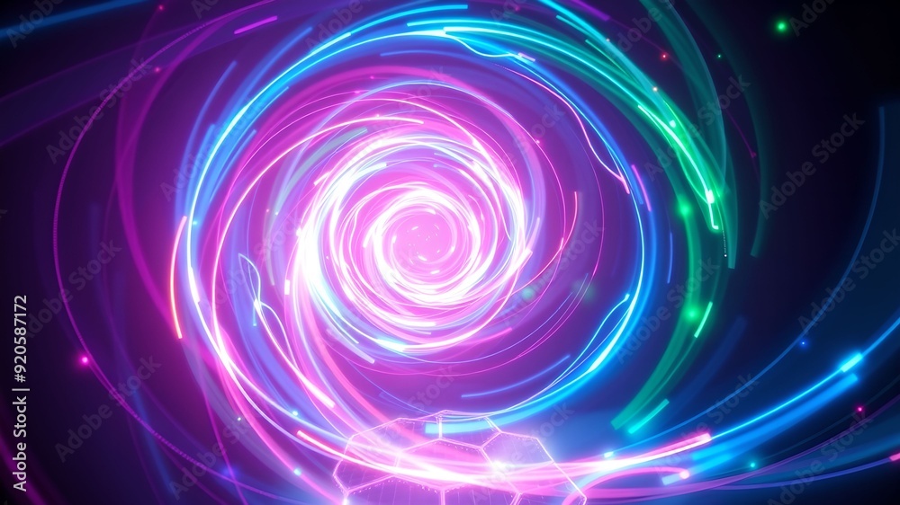Glowing digital vortex with neon hexagon grid and energy waves Glowing digital vortex with neon hexagon grid and energy waves