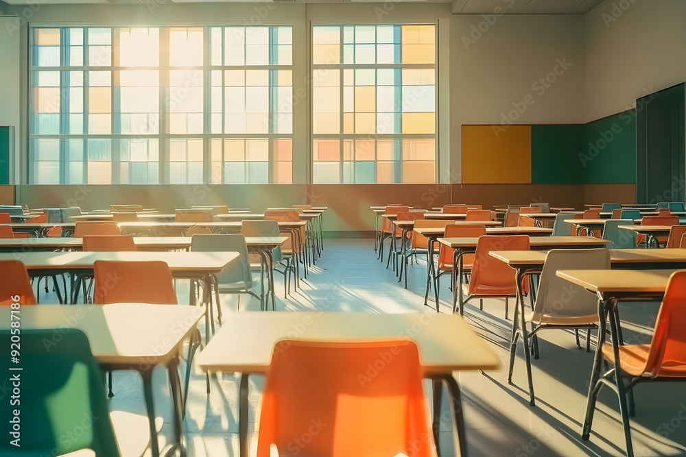 Sunlit Classroom with Empty Colorful Chairs and Desks Sunlit Classroom with Empty Colorful Chairs and Desks