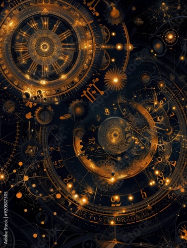 Wallpaper Mural An intricate design featuring golden clocks and cosmic elements against a dark background. Torontodigital.ca