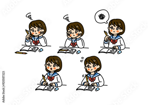 シンプルなタッチの女子学生1（勉学の悩み）/カラー