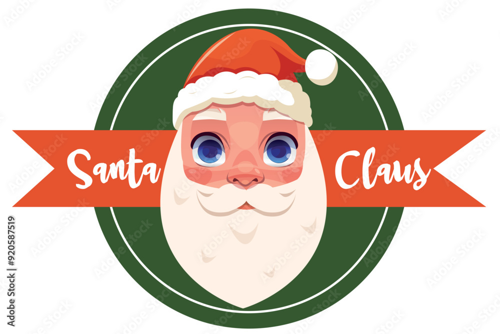 Santa Claus vector head with ribbon Santa Claus white and green circle isolated background. Cute Santa Claus character. Santa Claus vector head with ribbon Santa Claus white and green circle isolated background. Cute Santa Claus character.