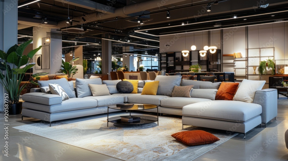 A large living room with a grey sectional couch and a coffee table