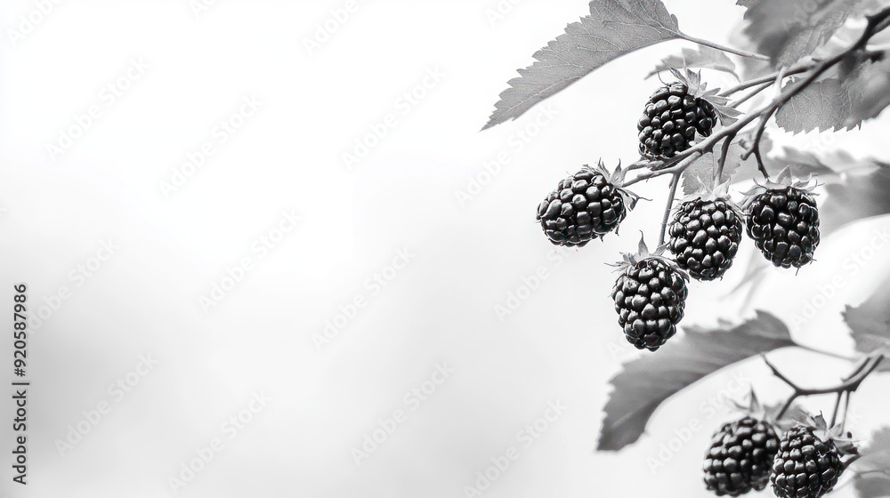 Naklejka premium Close-up black and white photo of blackberries on a branch against a white background.