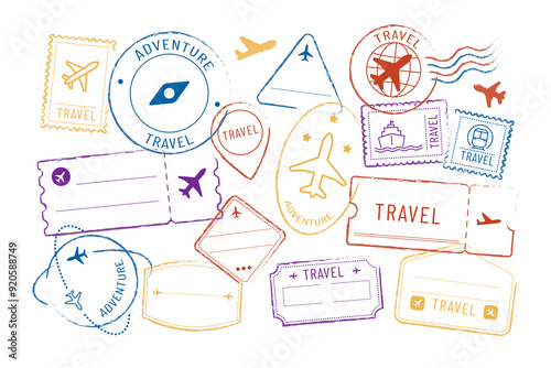 PNG colorful travel stamp set, transparent background