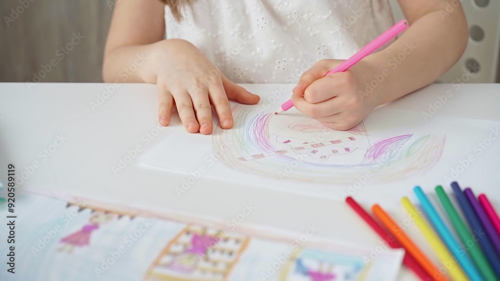Close-up of a child's hands coloring a drawing with bright pencils. Young girl engaging in colorful artistic drawing and coloring activity using pencils. Enhancing creativity. Imagination Close-up of a child's hands coloring a drawing with bright pencils. Young girl engaging in colorful artistic drawing and coloring activity using pencils. Enhancing creativity. Imagination