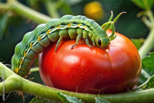 A large green tomato hornworm with white stripes and red horn feeds on a juicy red tomato, leaving behind a trail of destruction. photo