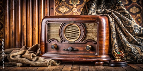 Vintage wooden radio with ornate details and knobs, adorned with dusty antique decorations, sitting on a worn velvet cloth in a nostalgic setting.