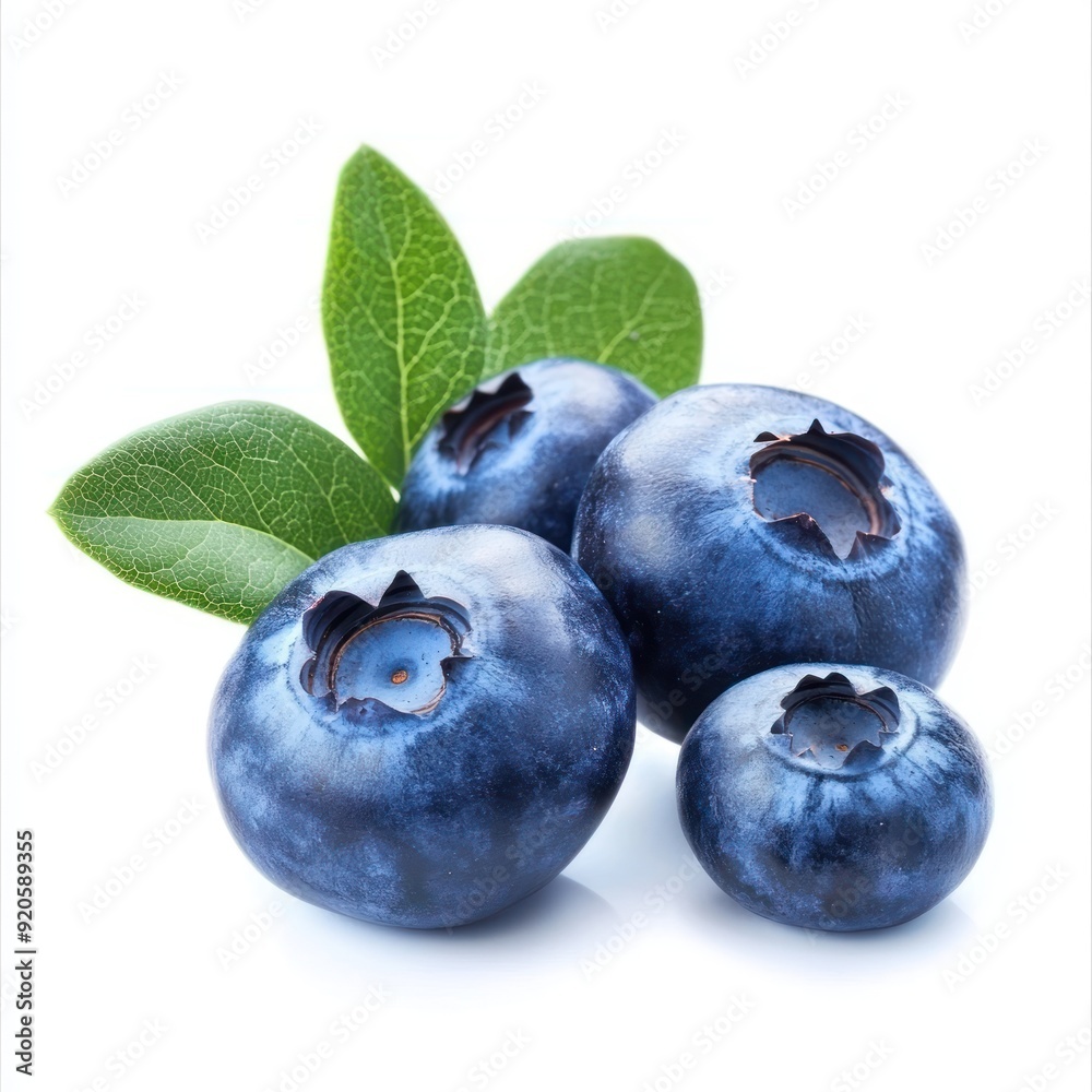 Obraz premium Four blueberries with green leaves isolated on white background.