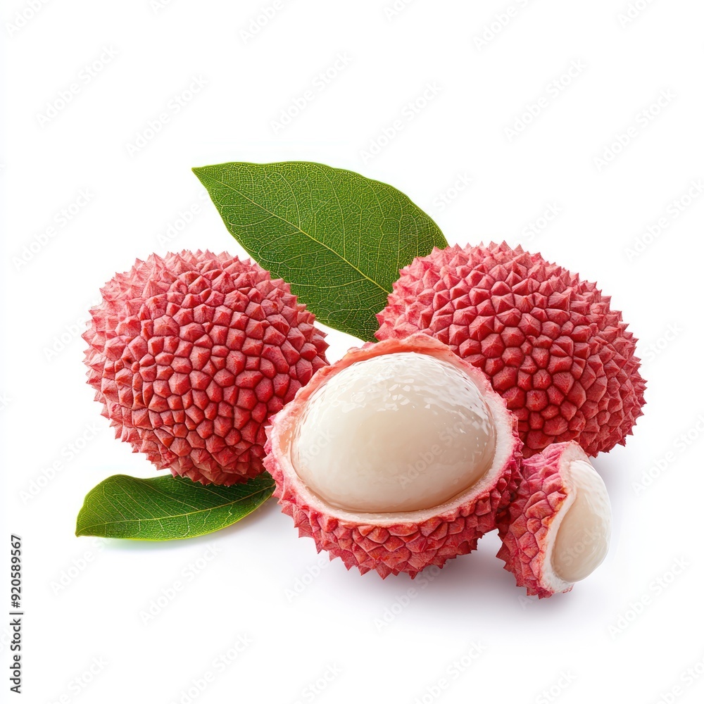 Close up of lychee fruits with leaves isolated on white background. Close up of lychee fruits with leaves isolated on white background.