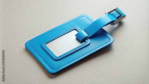 A bright blue luggage tag with a white clip and a slight crease, lying on a light-colored surface, awaiting its next travel adventure. photo