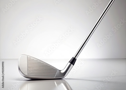 A solitary golf club lies vertically on a pristine white background, its sleek metallic shaft and grip standing out against the pure, untouched surface. photo