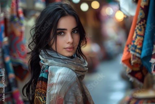 Beautiful young woman wearing a patterned scarf, standing in a market setting.