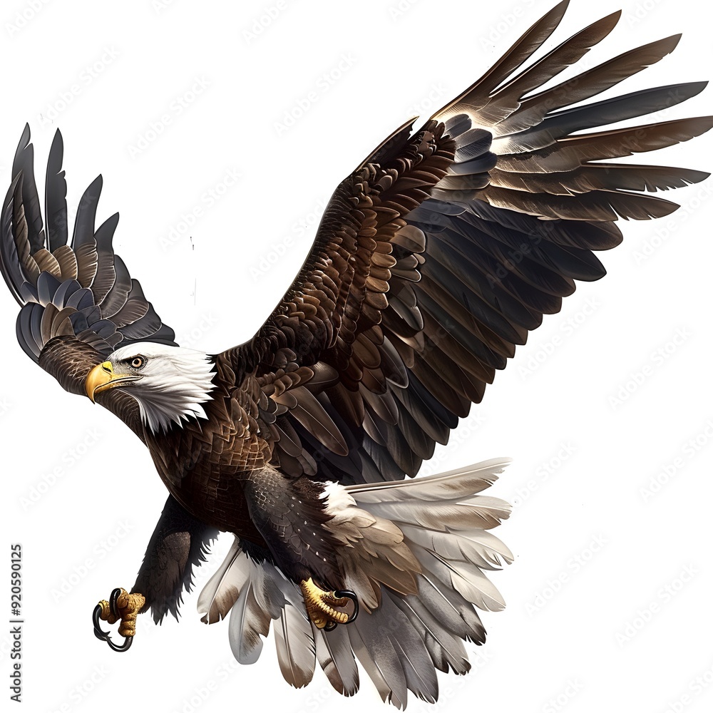 Obraz premium Realistic Bald Eagle Flying In High Quality On White Background