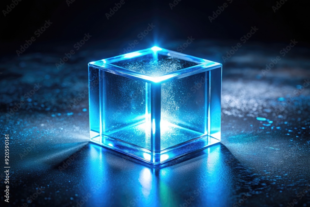 Cool blue LED flash illuminates a transparent glass cube, casting an ethereal glow on a dark background with subtle gradient effects. Cool blue LED flash illuminates a transparent glass cube, casting an ethereal glow on a dark background with subtle gradient effects.