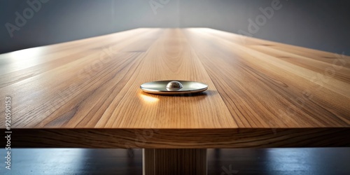 A long, wooden table with a lone, shiny, metallic button placed centrally, surrounded by empty space, evoking a sense of simplicity and isolation. photo