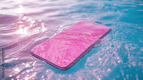 Smartphone with white empty screen against abstract pink color water,phone in water bubbles,phone sinks in water, New Electronic waterproof cellphone falling and dive with splashes. photo