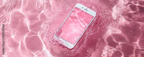 Smartphone with white empty screen against abstract pink color water,phone in water bubbles,phone sinks in water, New Electronic waterproof cellphone falling and dive with splashes. photo