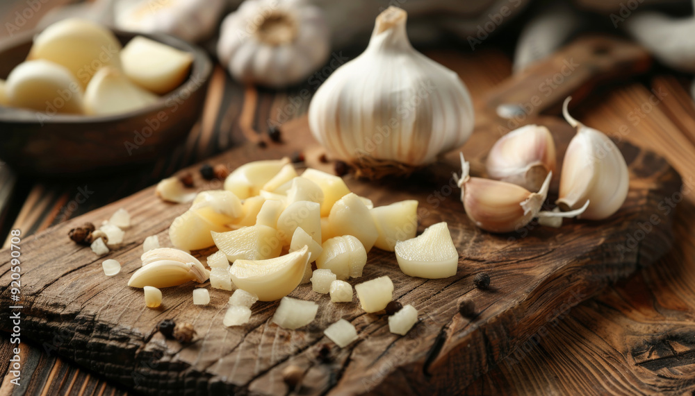 Aromatic Garlic Cloves and Bulbs on Wooden Table Aromatic Garlic Cloves and Bulbs on Wooden Table