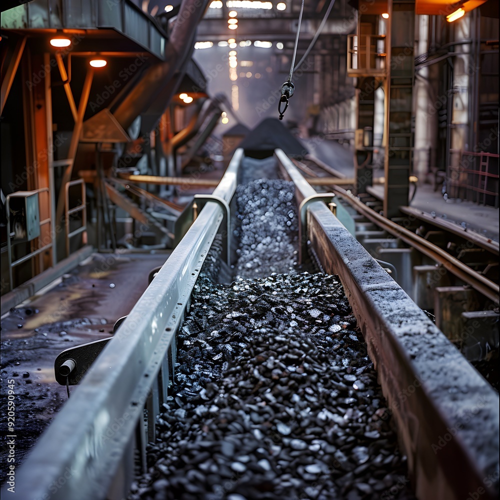 Coal ore conveyor belt distribution. Mining industry material transport concept. Generative AI technology. Coal ore conveyor belt distribution. Mining industry material transport concept. Generative AI technology.