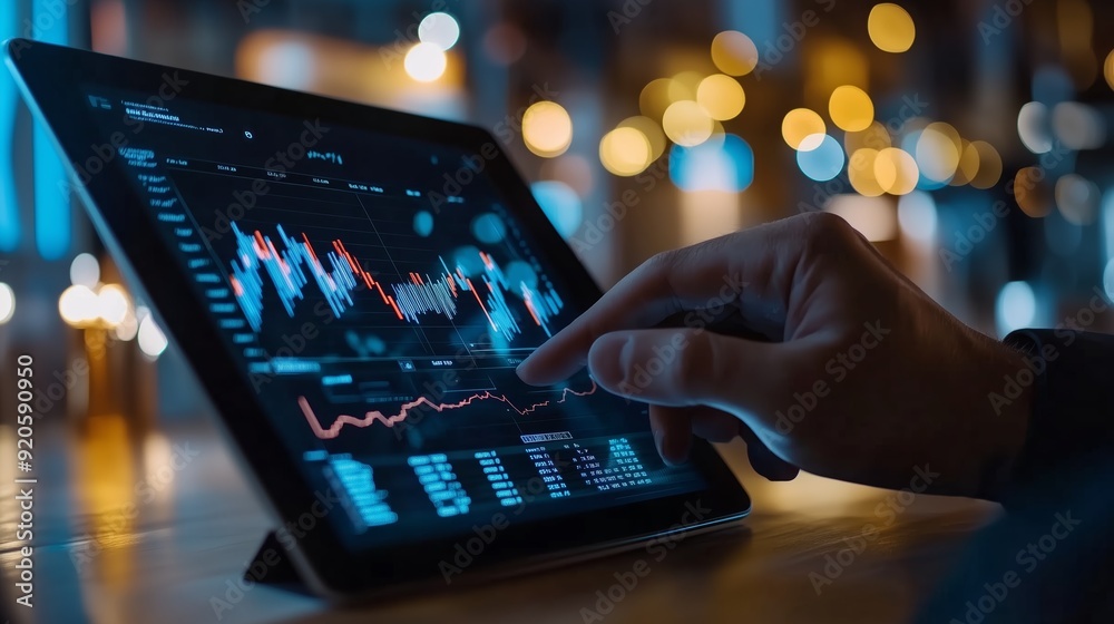 Person analyzing financial data on a tablet in a modern workspace with ambient lighting Person analyzing financial data on a tablet in a modern workspace with ambient lighting