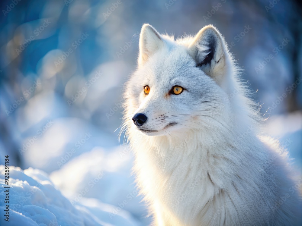 Majestic Arctic fox with thick white fur and piercing yellow eyes gazes curiously into the distance amidst a serene winter wonderland landscape. Majestic Arctic fox with thick white fur and piercing yellow eyes gazes curiously into the distance amidst a serene winter wonderland landscape.