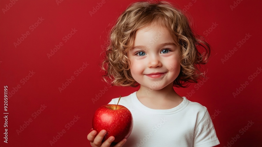 Portrait of smiling cherubic blue-eyed little girl with short curly fair hair wearing white T-shirt, holding red apple, standing on red background. Studio. Healthy food, vitamins, childhood, summer. Portrait of smiling cherubic blue-eyed little girl with short curly fair hair wearing white T-shirt, holding red apple, standing on red background. Studio. Healthy food, vitamins, childhood, summer.