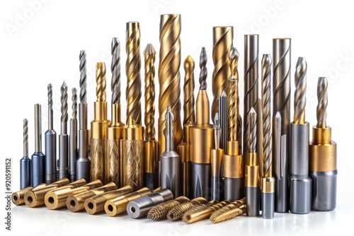 Assorted drill bits of various sizes and types, including titanium-coated and cobalt steel, laid out on a white background in a precise and organized manner. photo