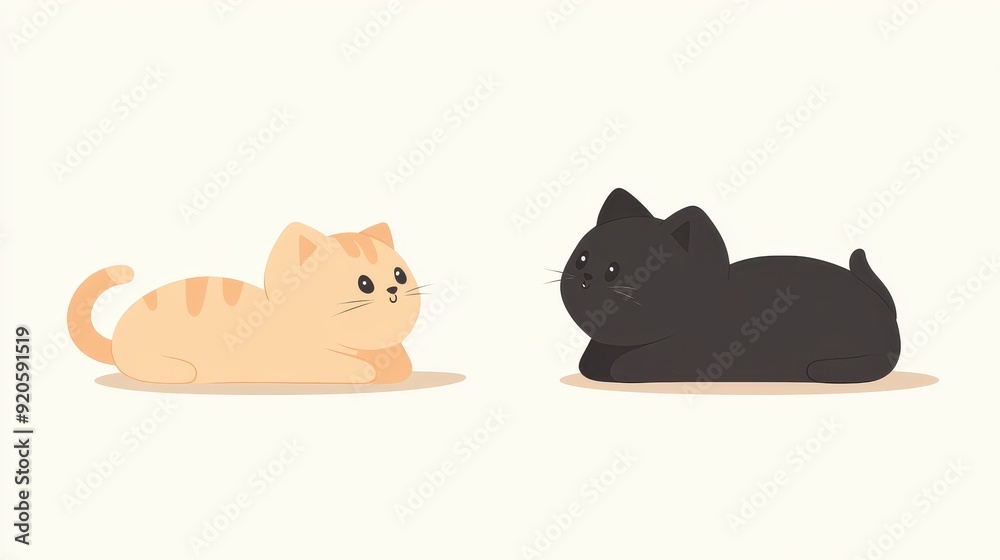 Fototapeta premium Adorable Cartoon Cats - Cute Black and Orange Kittens in Minimalist Style