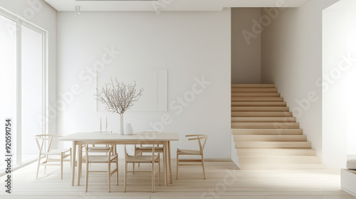 Modern minimalistic dining room with wooden furniture and staircase, bathed in natural light from large windows. Serene and elegant interior design.