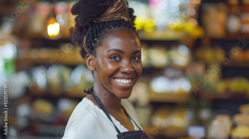 Smiling african american female seller in health food store