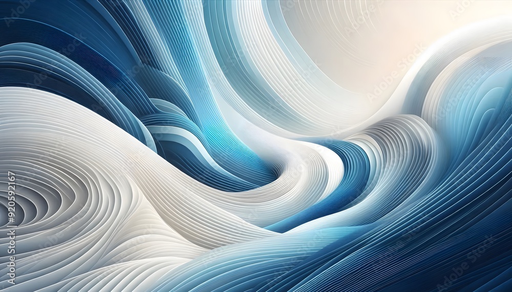 Abstract blue and white wave patterns flowing through a soft landscape background with gentle light Abstract blue and white wave patterns flowing through a soft landscape background with gentle light