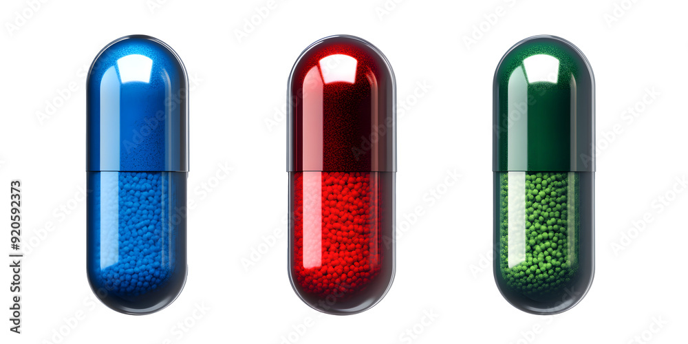 set of blue ,red ,green, capsule pill isolated on transparent background , set of blue ,red ,green, capsule pill isolated on transparent background ,