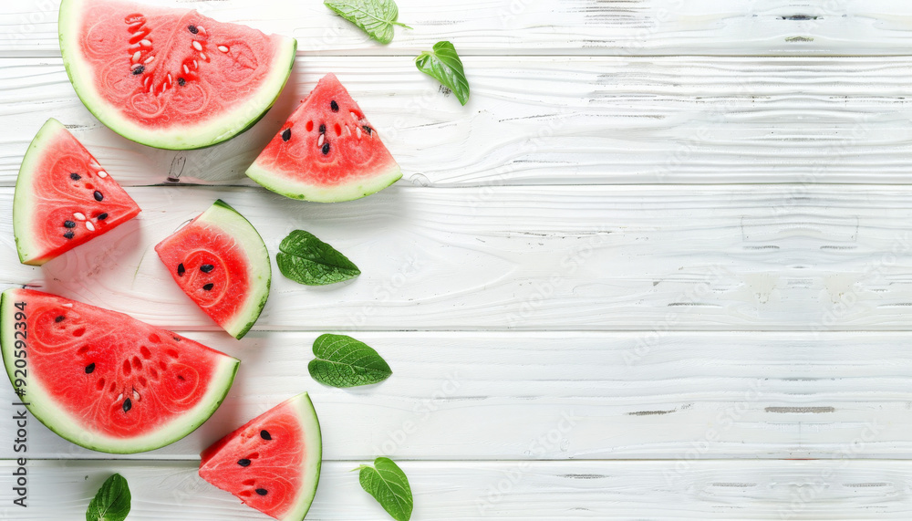 Fresh Sliced Watermelon on White Wooden Surface