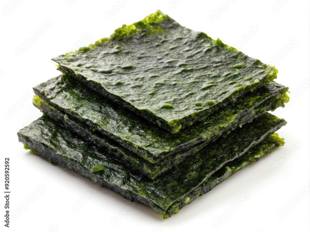Dark green nori sheets isolated on a white background, perfectly flat and evenly spaced, awaiting use in sushi or other Japanese-inspired culinary creations. Dark green nori sheets isolated on a white background, perfectly flat and evenly spaced, awaiting use in sushi or other Japanese-inspired culinary creations.